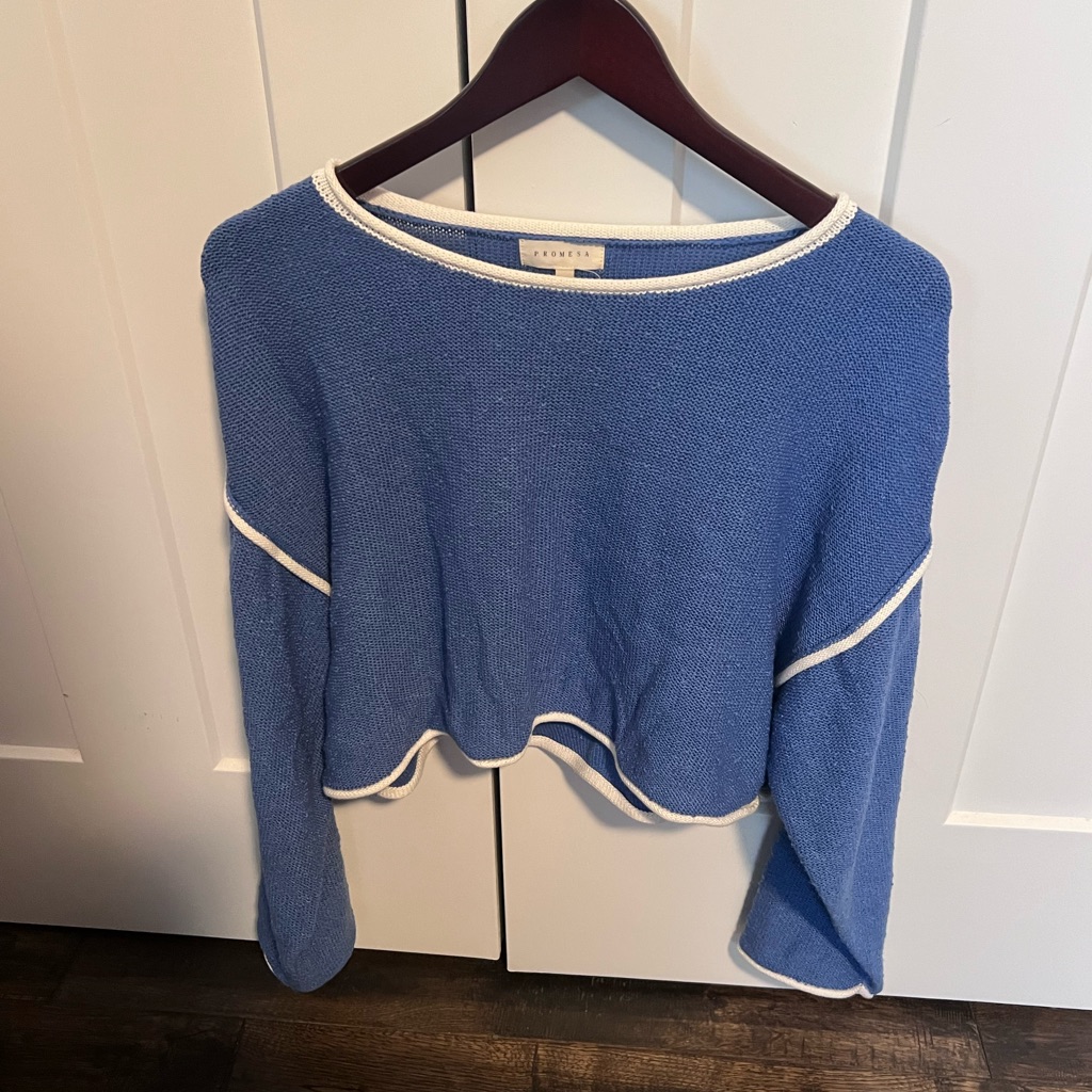 Promesa Blue Knit Sweater With White Trim Small